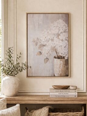 Neutral Floral Canvas Wall Art Beige Hydrangea Vase Print Rustic Farmhouse Decor